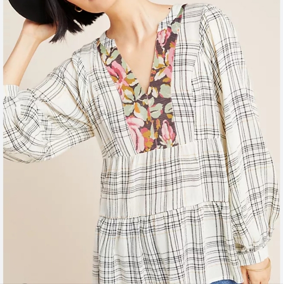 Anthropologie XSP Sparkly Floral Neckline Plaid Blouse NEW - Picture 1 of 7
